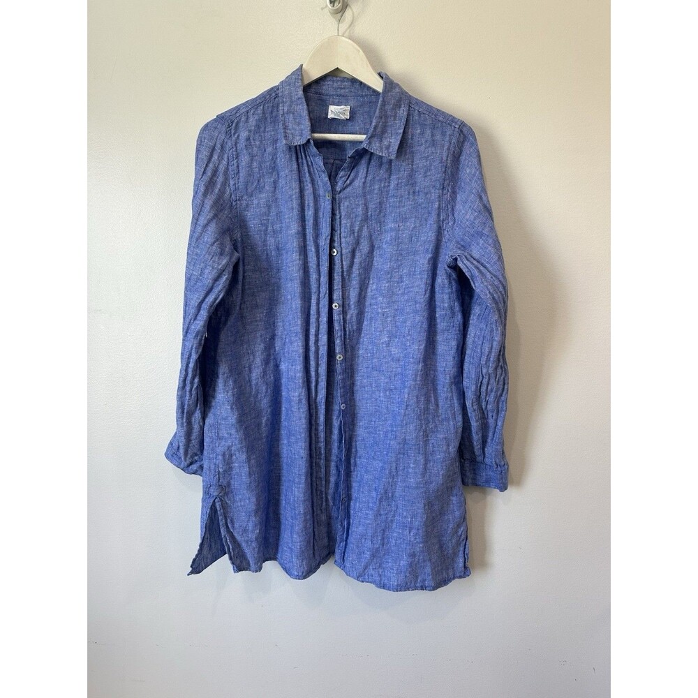 Sigrid Olsen Shirt Women's Large Blue 100% Linen Roll Tab Woven Tunic Sz. Medium